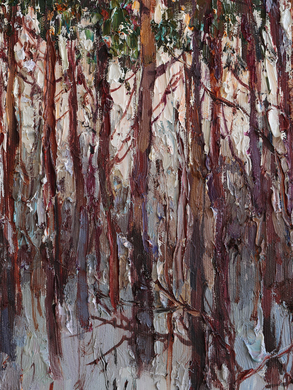 Thumbnail: Close-up of thick impasto texture in winter pine forest painting