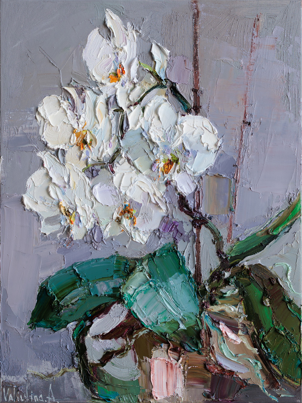 Textured oil painting of blooming white orchids