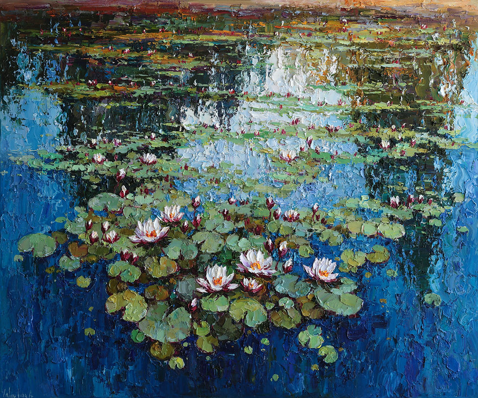 White Water Lilies Pond original oil painting with blooming lilies and blue reflections