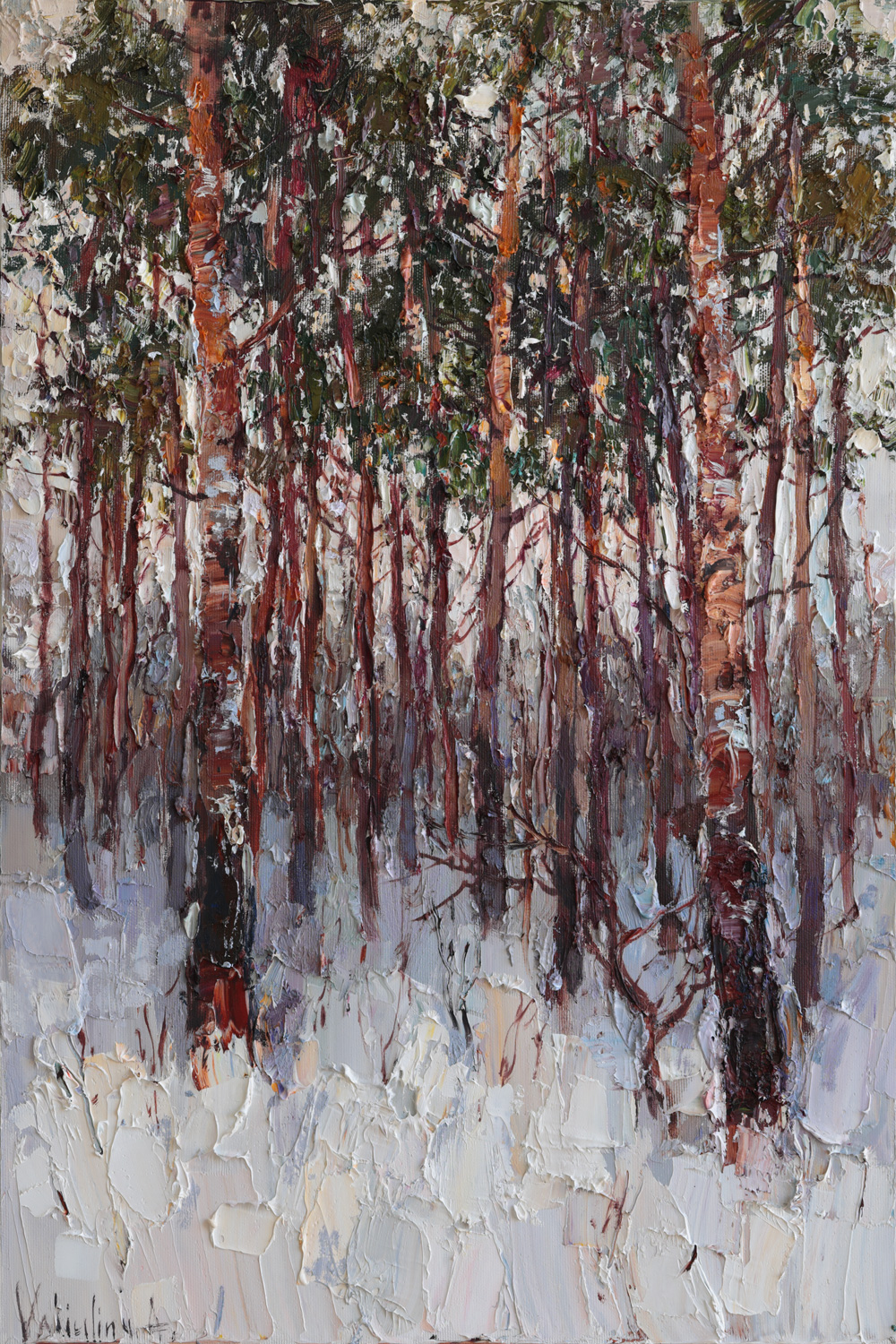 Original oil painting of a winter pine forest at dusk