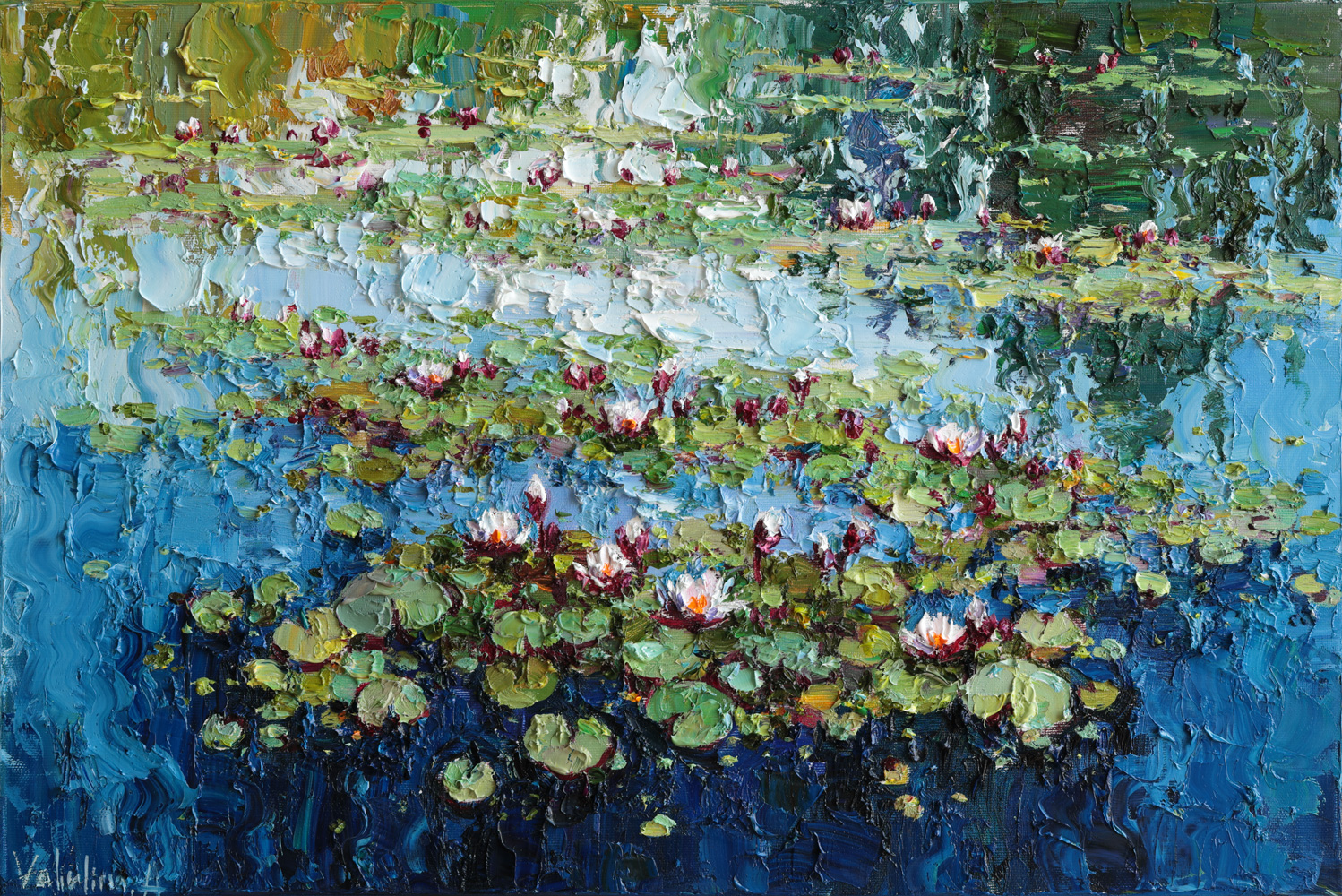 Textured impasto oil painting of water lilies on a pond.