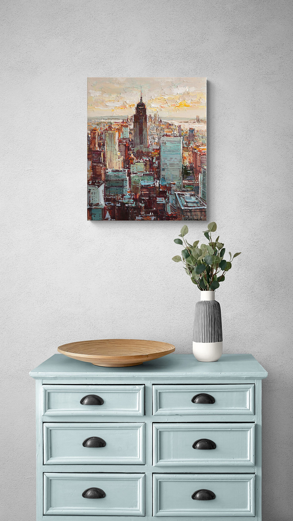 Thumbnail: Bold cityscape painting of New York City hanging in a stylish apartment interior