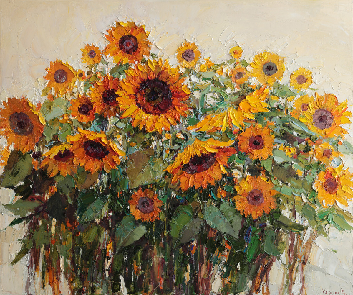 Impressionist sunflower painting with rich texture