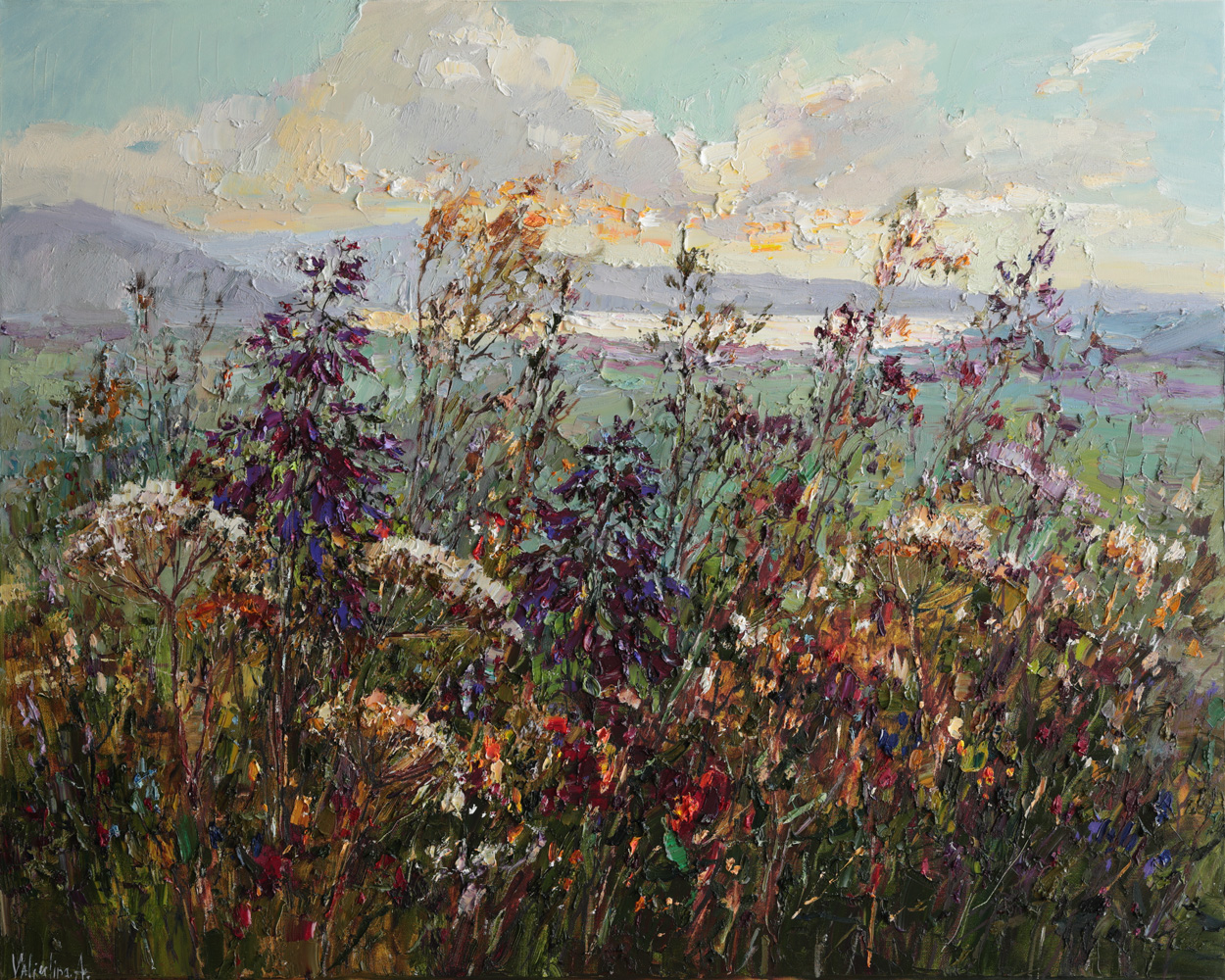 Original wildflower meadow painting with purple blossoms and distant hills