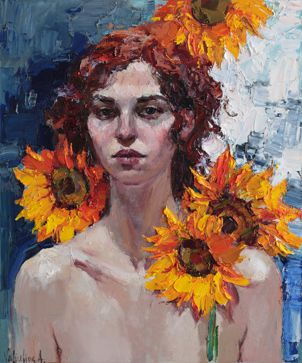 Girl with Sunflowers Original Oil Painting, Textured Portrait Art