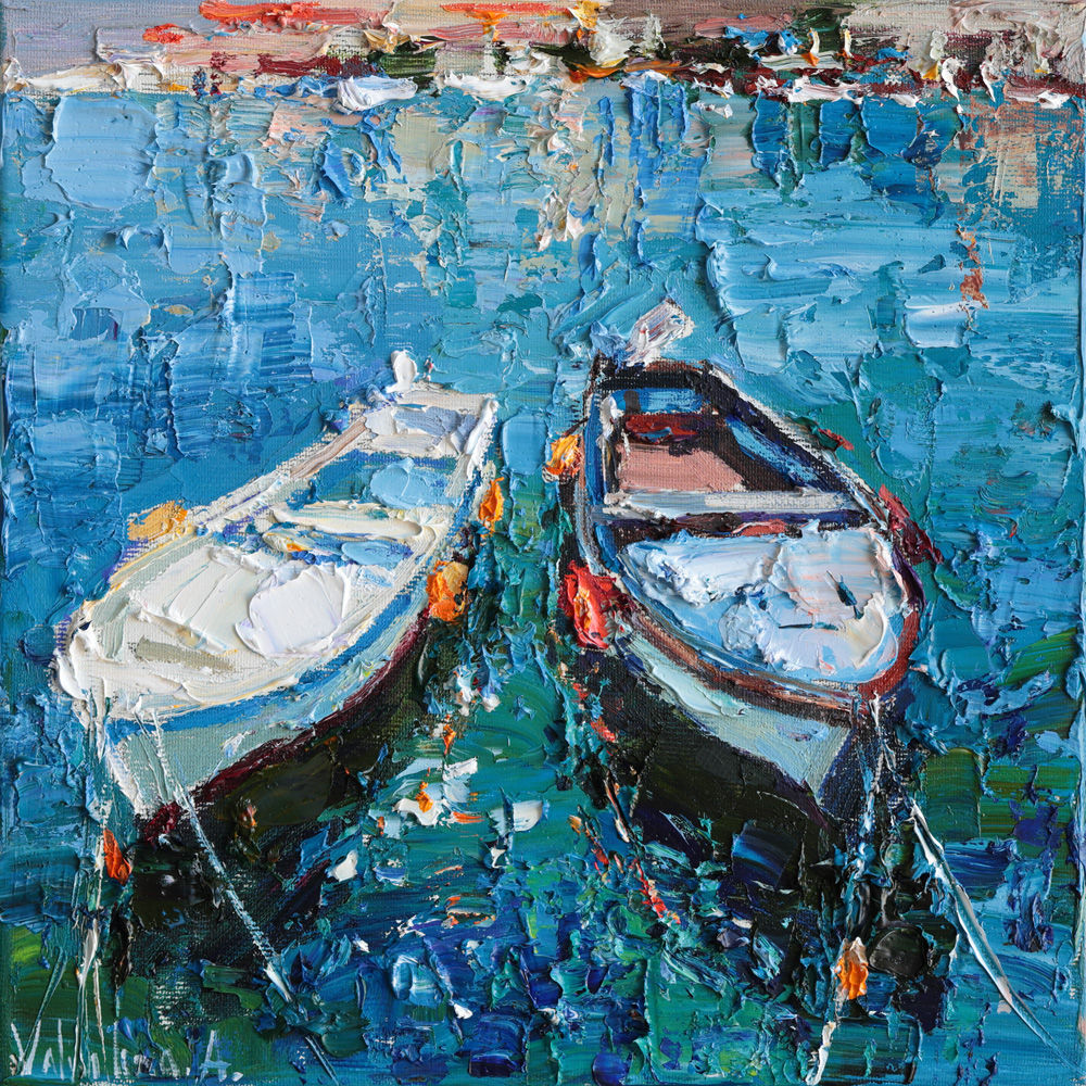 Oil painting of rowing boats in impressionist style