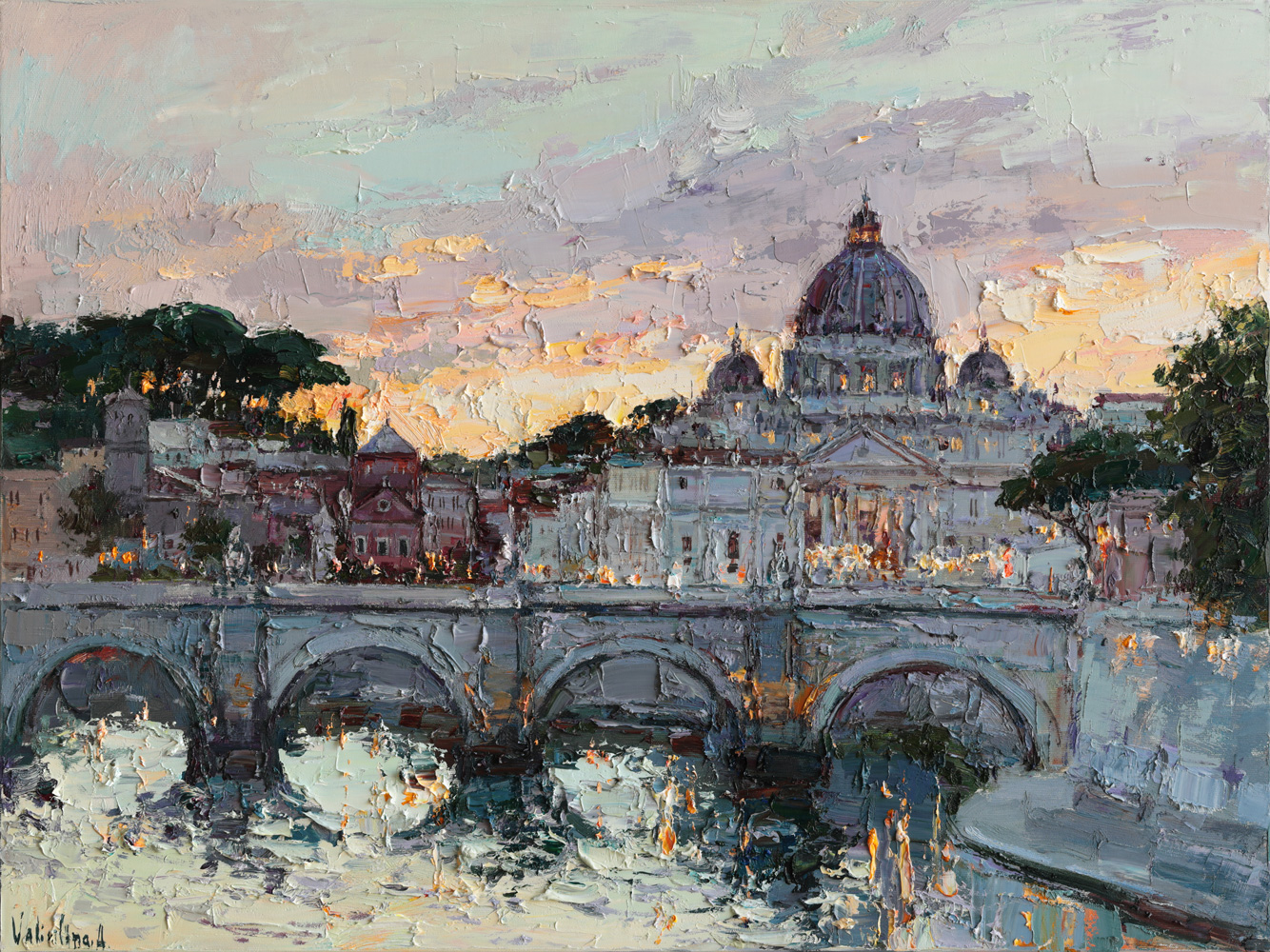 Impasto oil artwork of Rome bridge and evening light