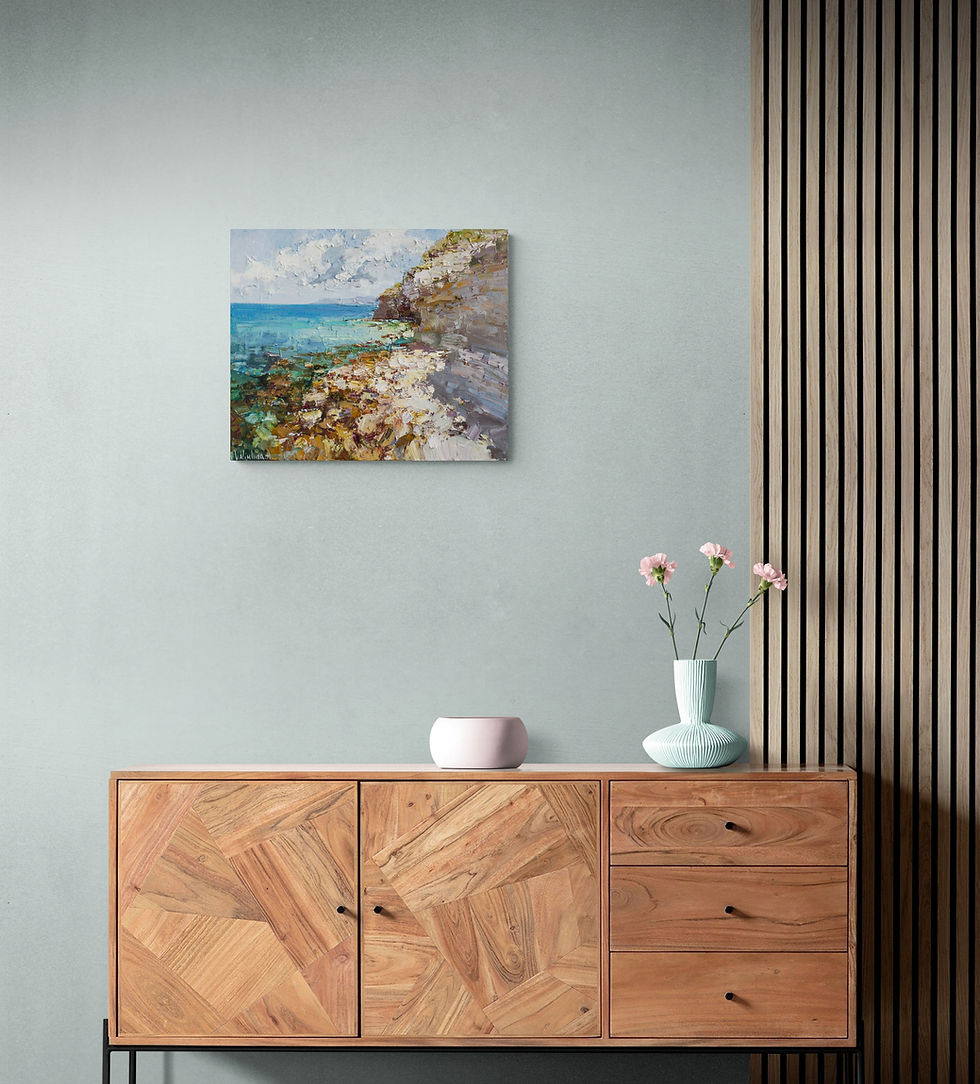 Thumbnail: Rocky Shore oil painting displayed in a modern living room