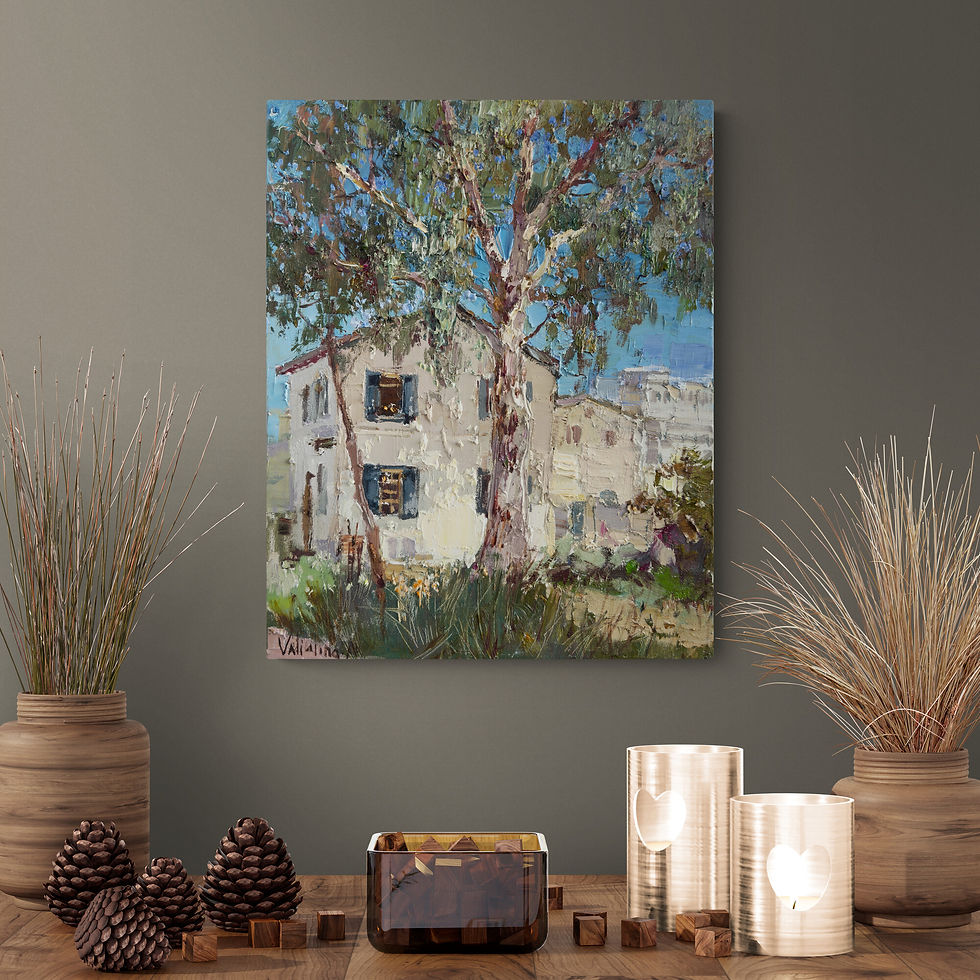 Thumbnail: Impressionistic oil painting of old houses in Sarona
