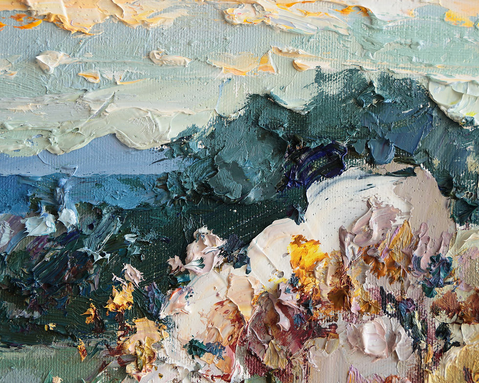 Thumbnail: Close-up of the painted clouds and distant hills in this field scene