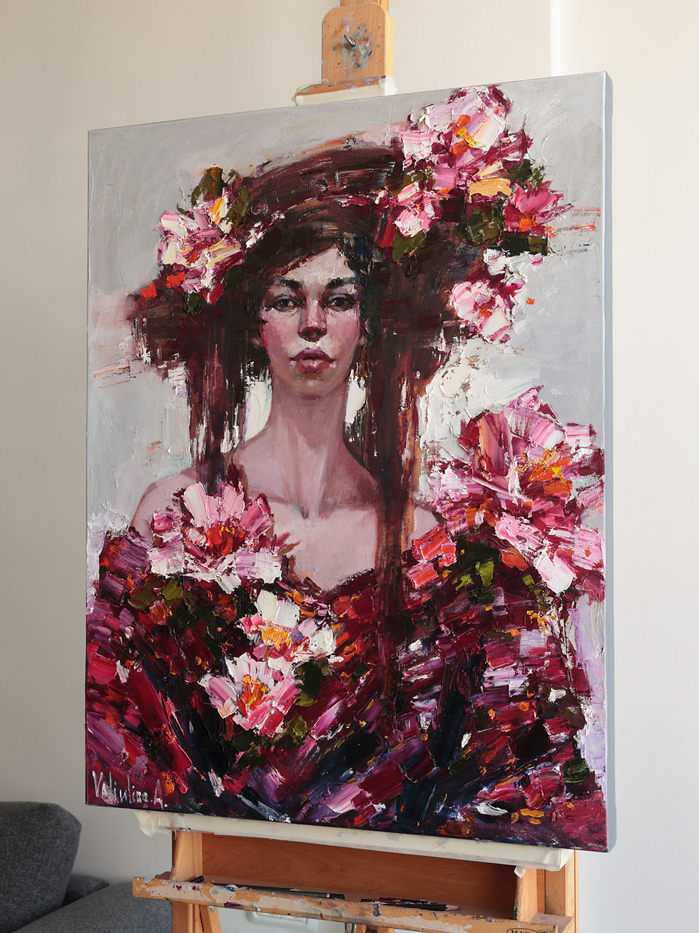 Thumbnail: Portrait of young woman surrounded by flowers in oil paint
