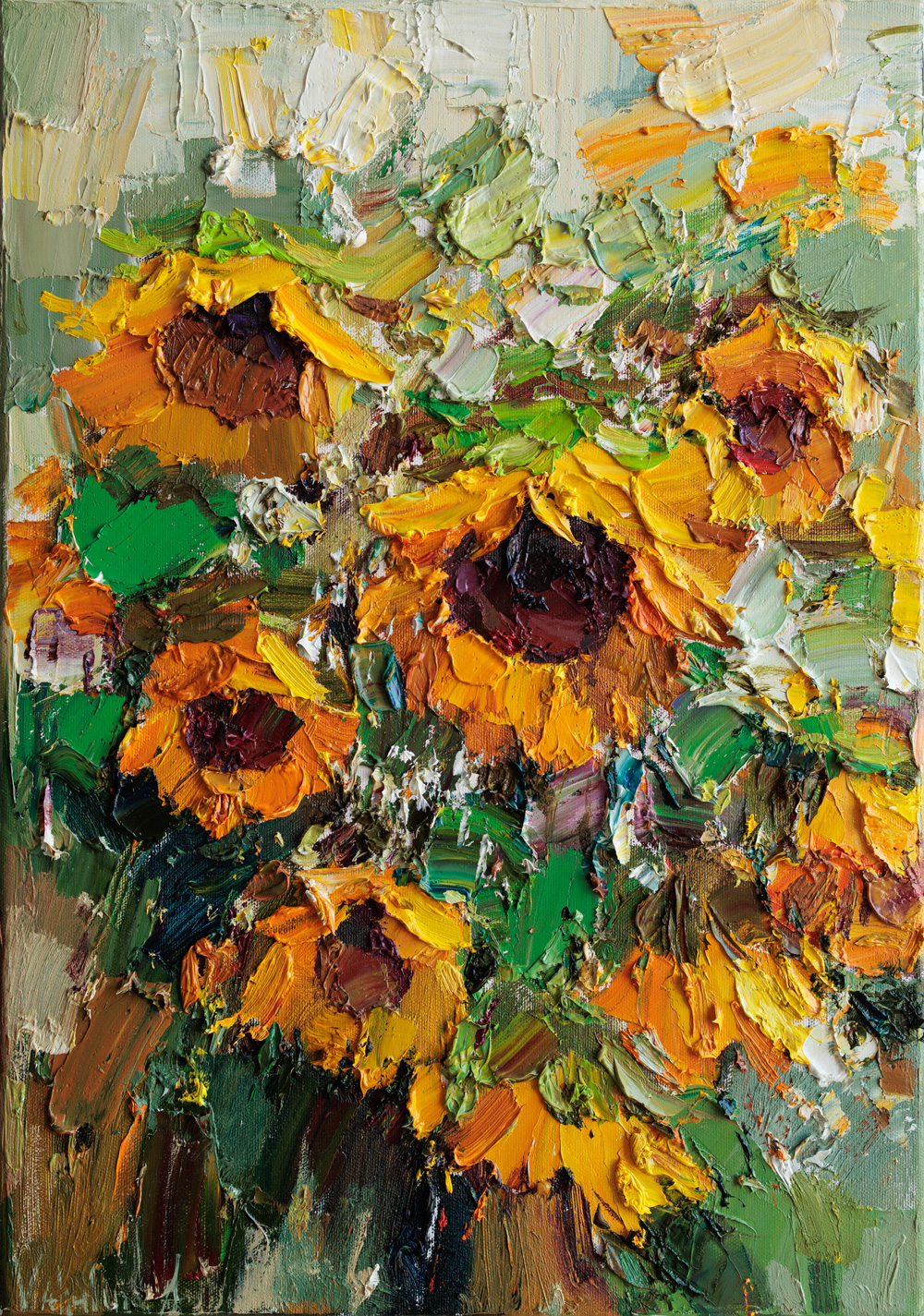 Textured oil painting of sunflowers in expressive brushstrokes