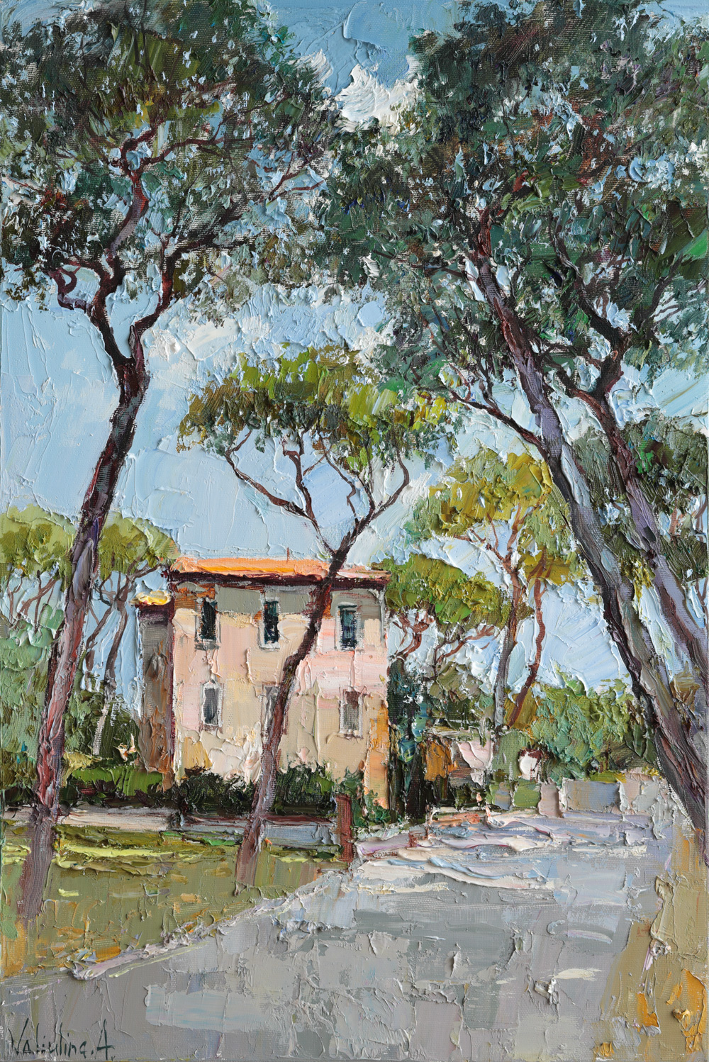 Oil painting of umbrella pines in Rome landscape