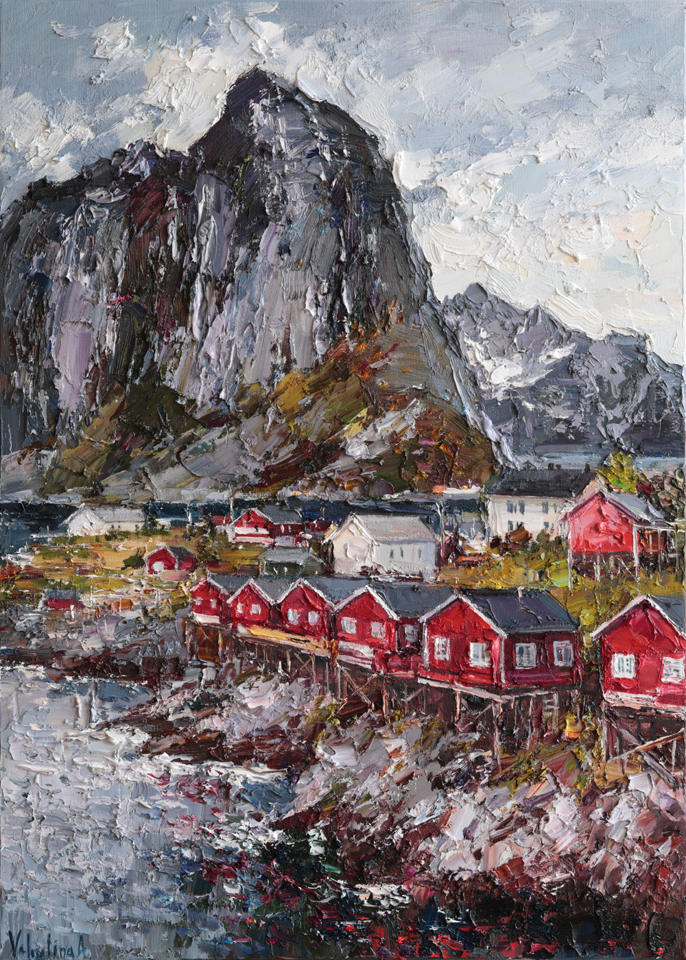 Lofoten Norway oil painting with red cabins