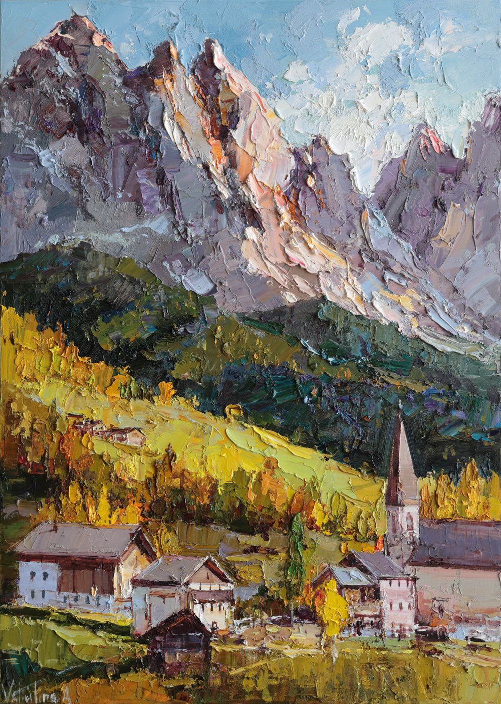 Textured impasto oil painting of the Dolomites with autumn landscape and village