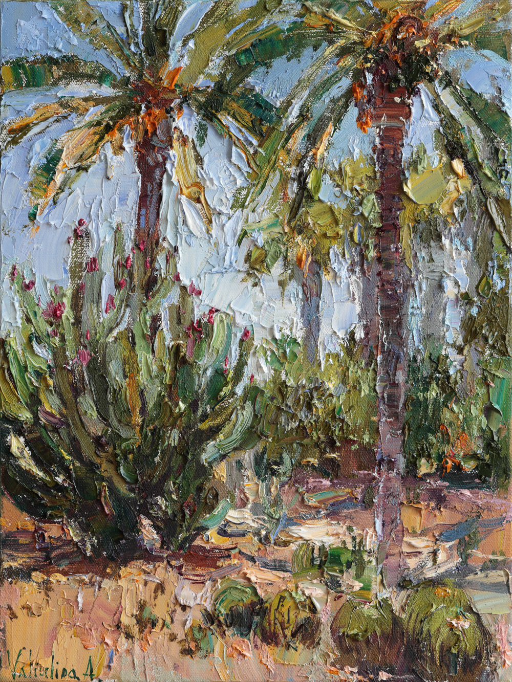 Original oil painting of a cactus garden in Tel Aviv with palm trees and blooming cacti.