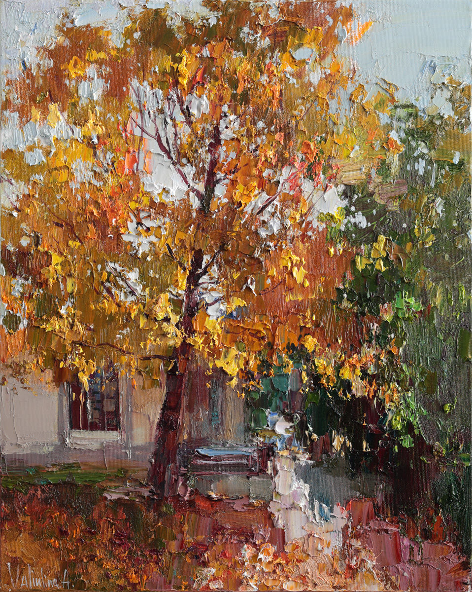Vibrant oil painting of a golden autumn tree in a backyard.