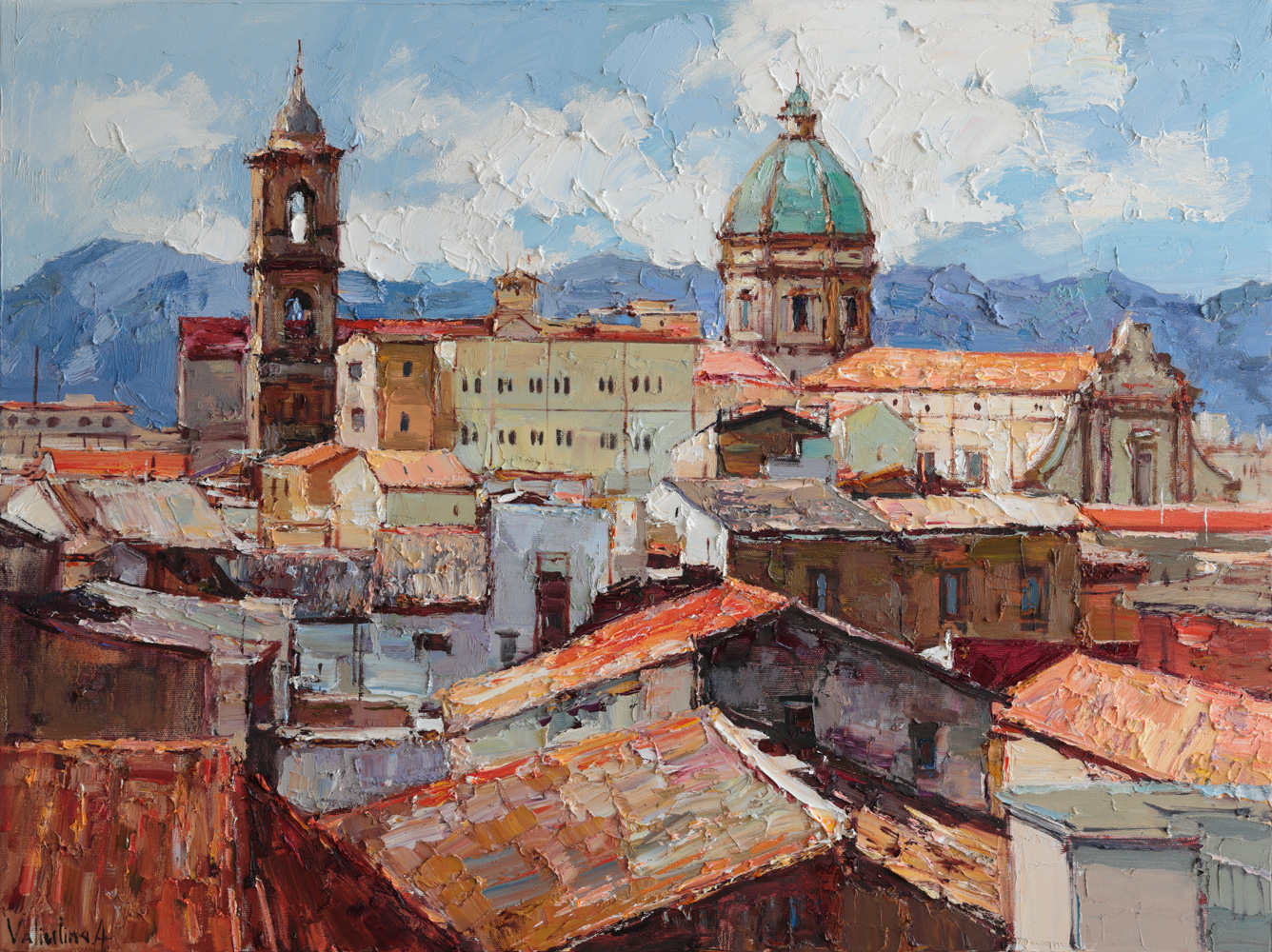 Original Oil Painting, Sicily Cityscape Art, Textured Italian Landscape