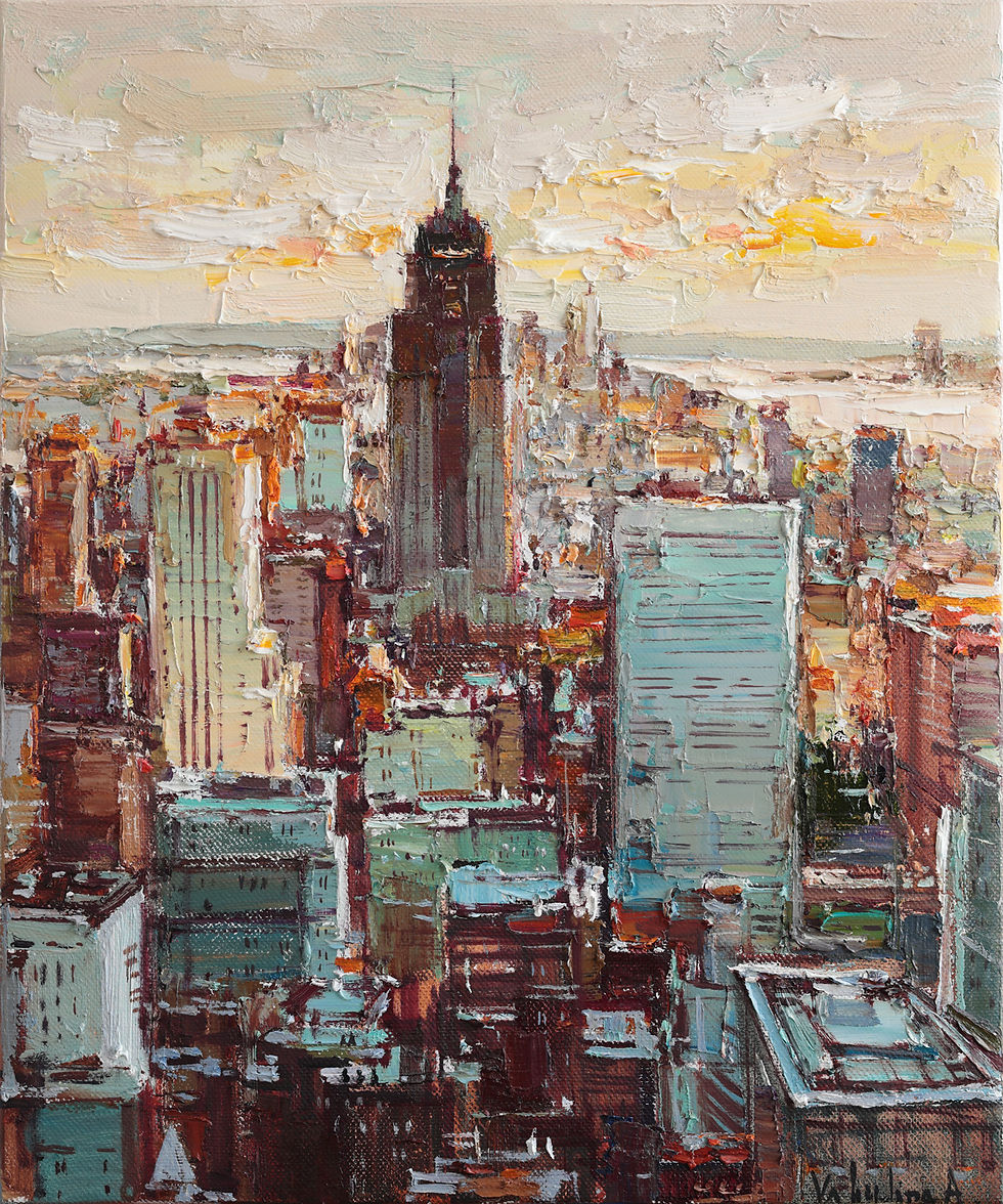 New York City skyline at sunset, featuring the Empire State Building