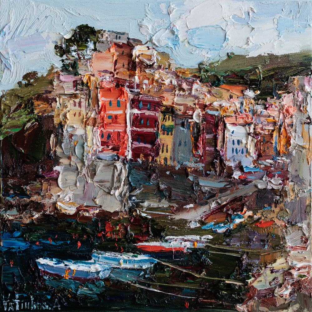 Riomaggiore Italy wall art with seascape and boats
