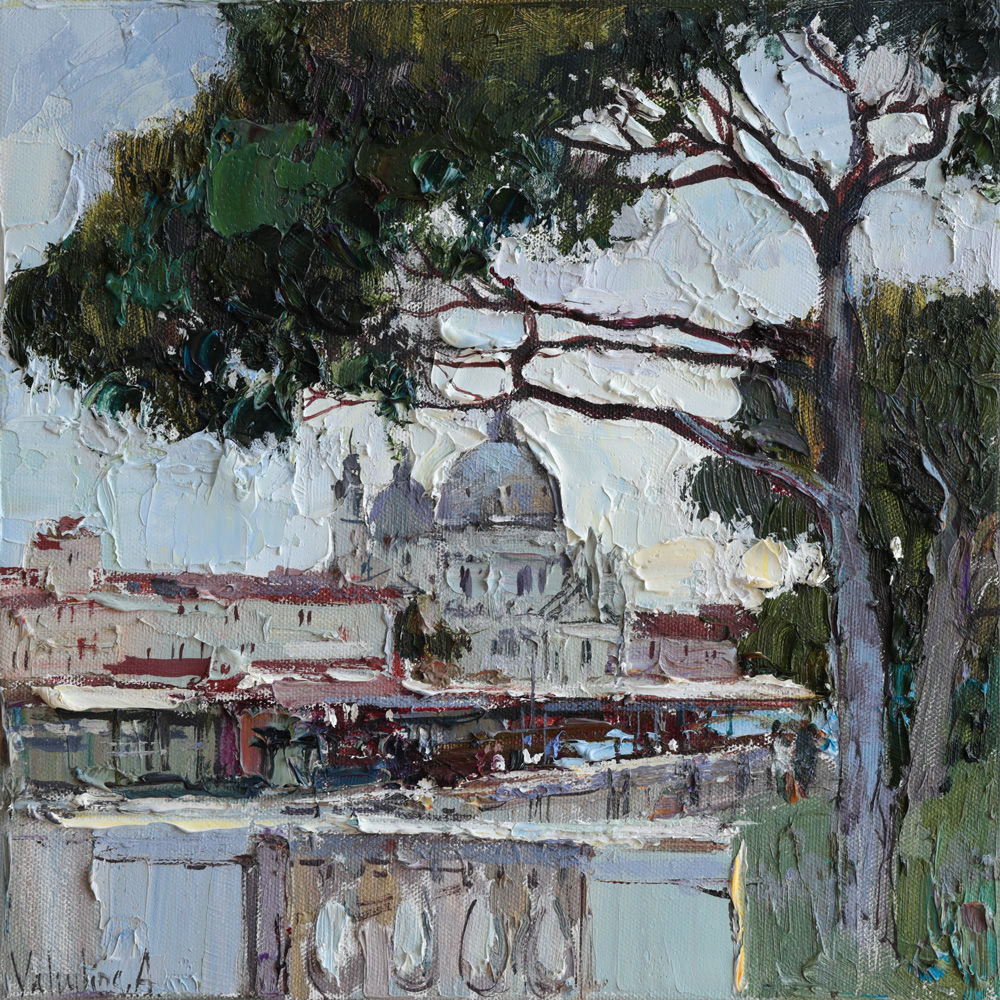 Original oil painting of Santa Maria della Salute in Venice framed by trees overlooking the canal.