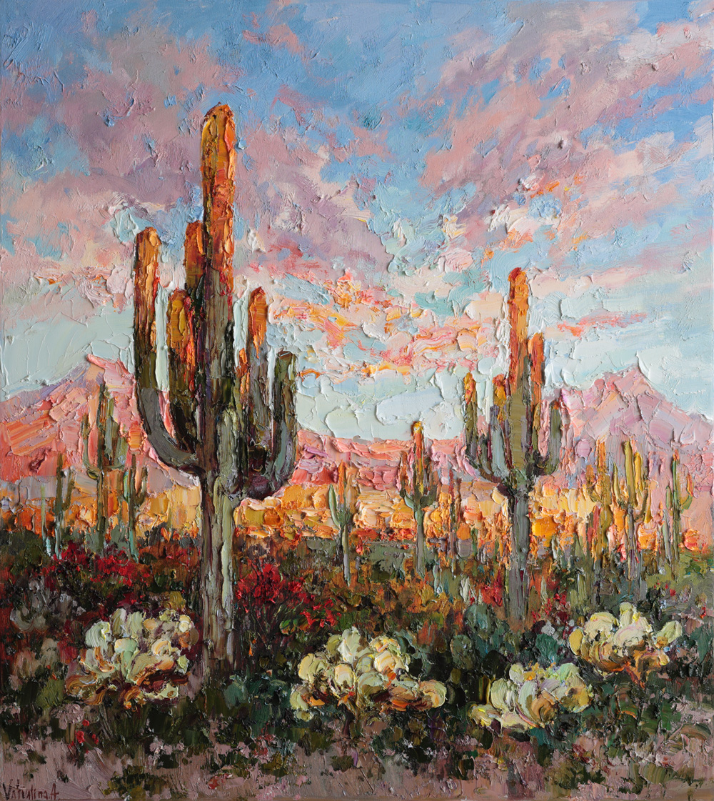 Textured impasto oil painting of desert cacti at sunset in Arizona landscape