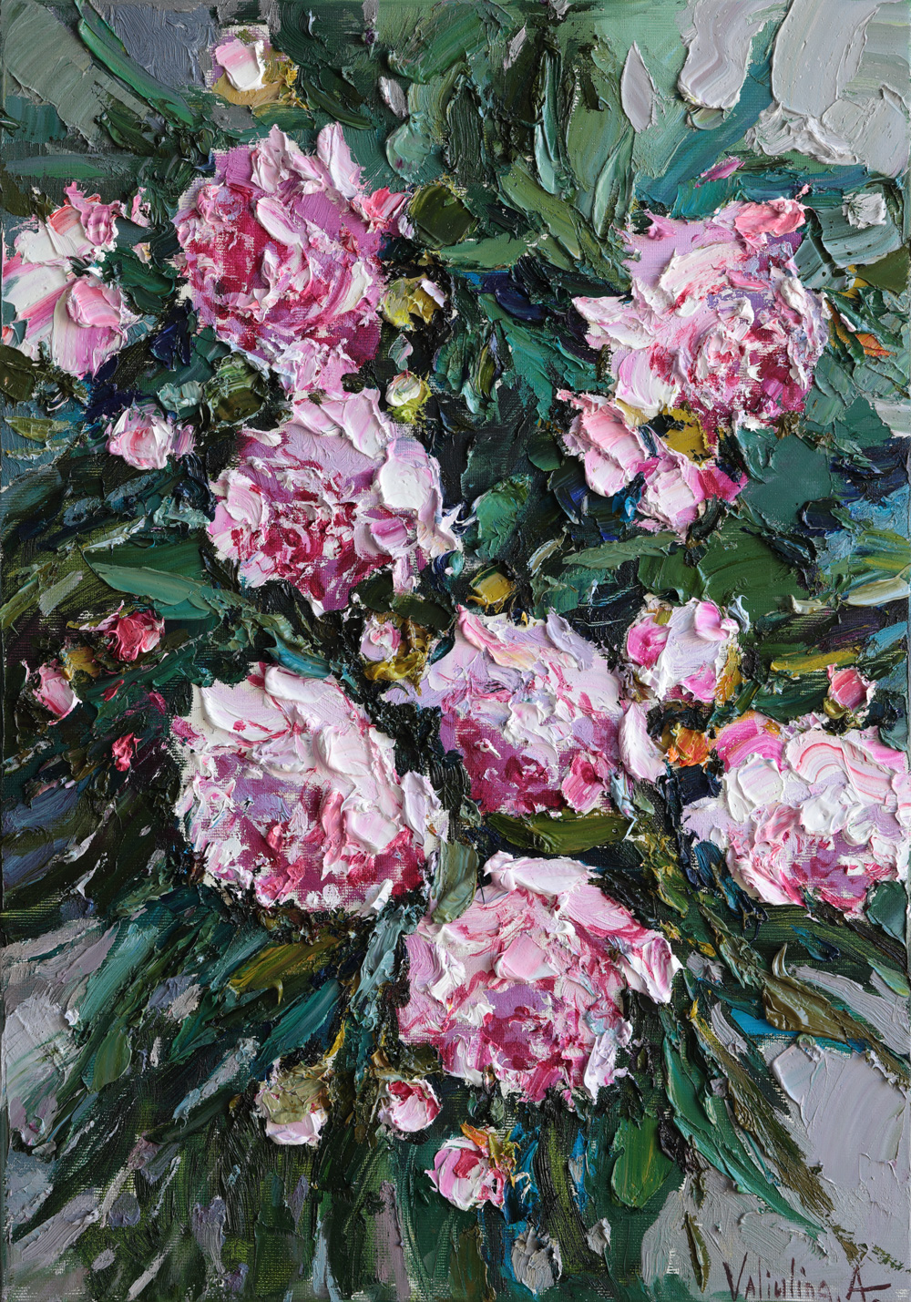 Impressionist painting of pink peony flowers created with palette knife and rich oil paint.