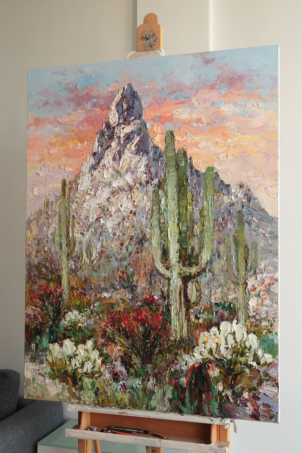Thumbnail: Textured impasto oil painting of Pinnacle Peak in Arizona at sunset