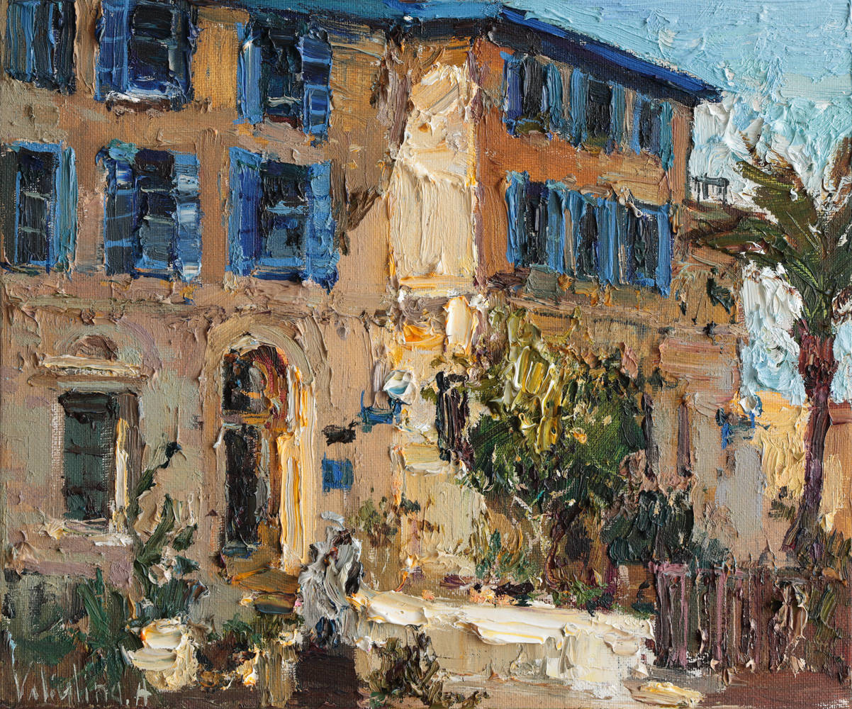 Plein air painting of Old Jaffa with blue shutters