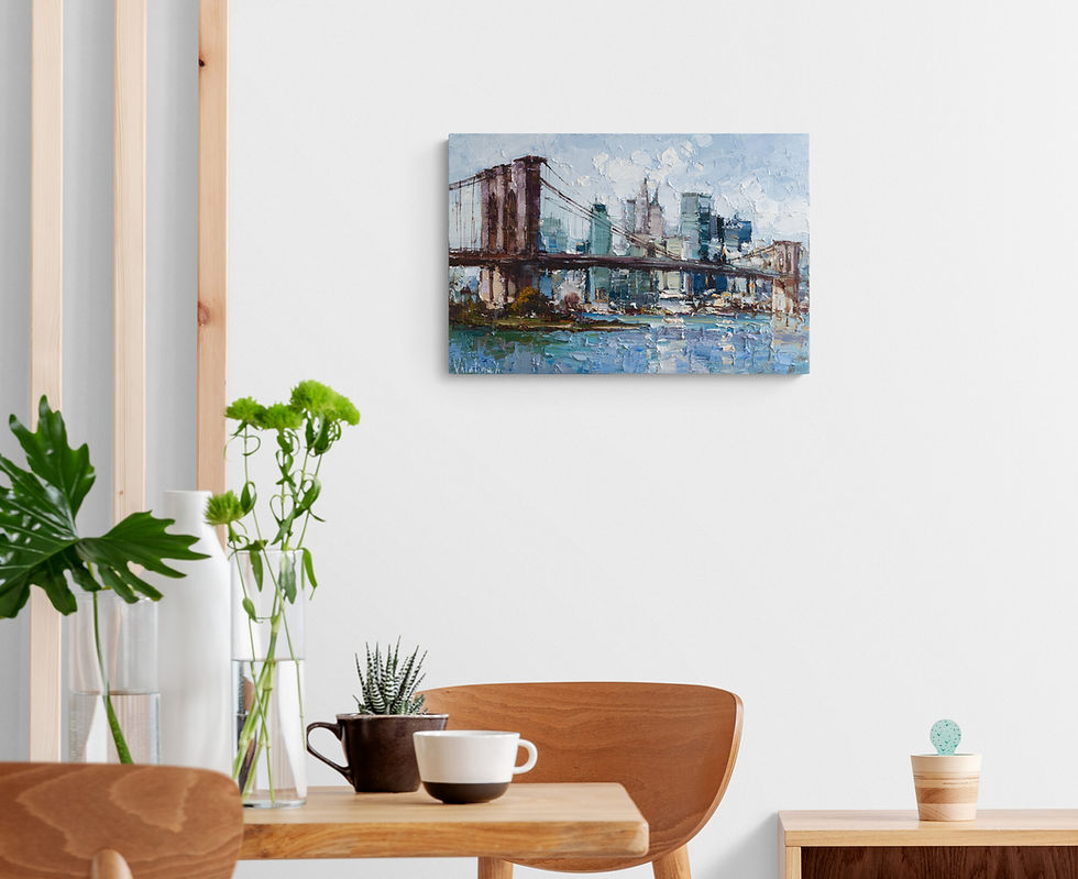 Thumbnail: Cityscape wall art enhancing a bright modern dining area