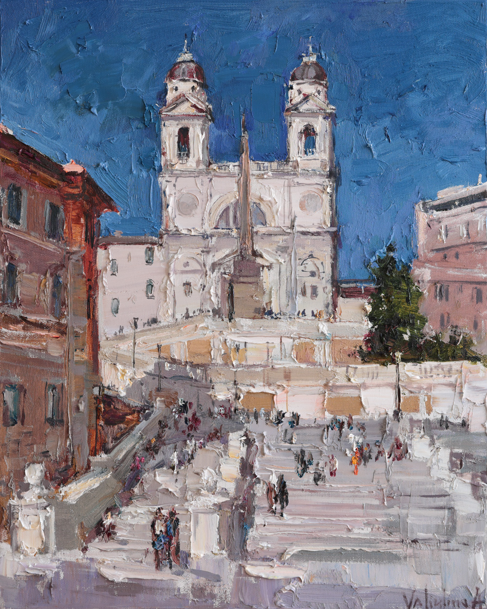 Oil painting of the Spanish Steps in Rome with blue sky