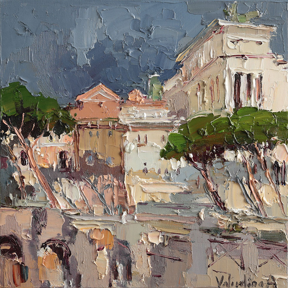 Morning Rome oil painting featuring Roman architecture and greenery.
