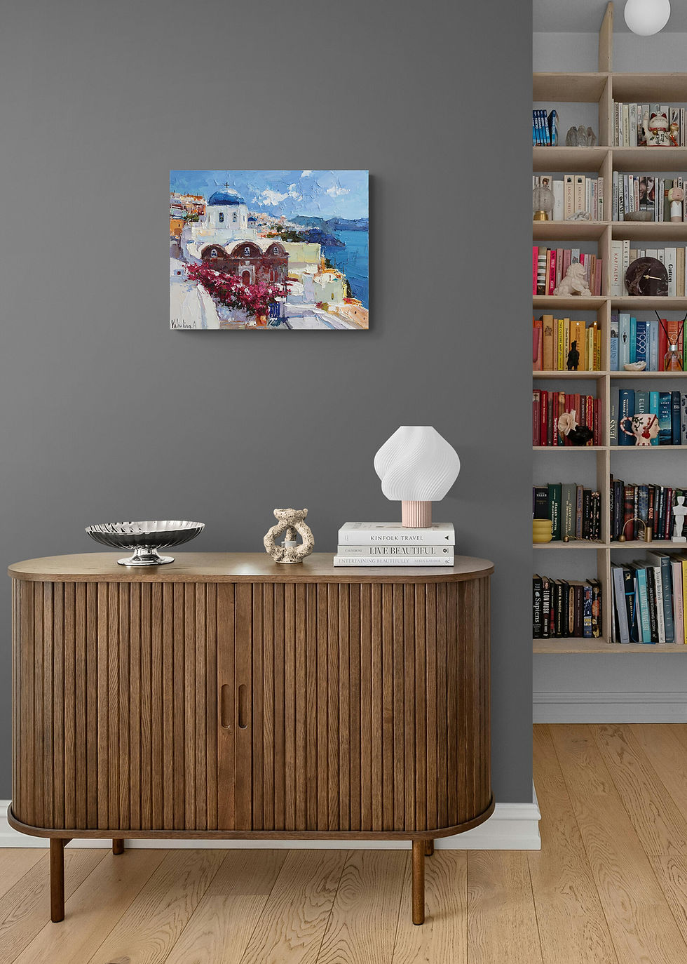 Thumbnail: Santorini Greece oil painting displayed in a modern living room