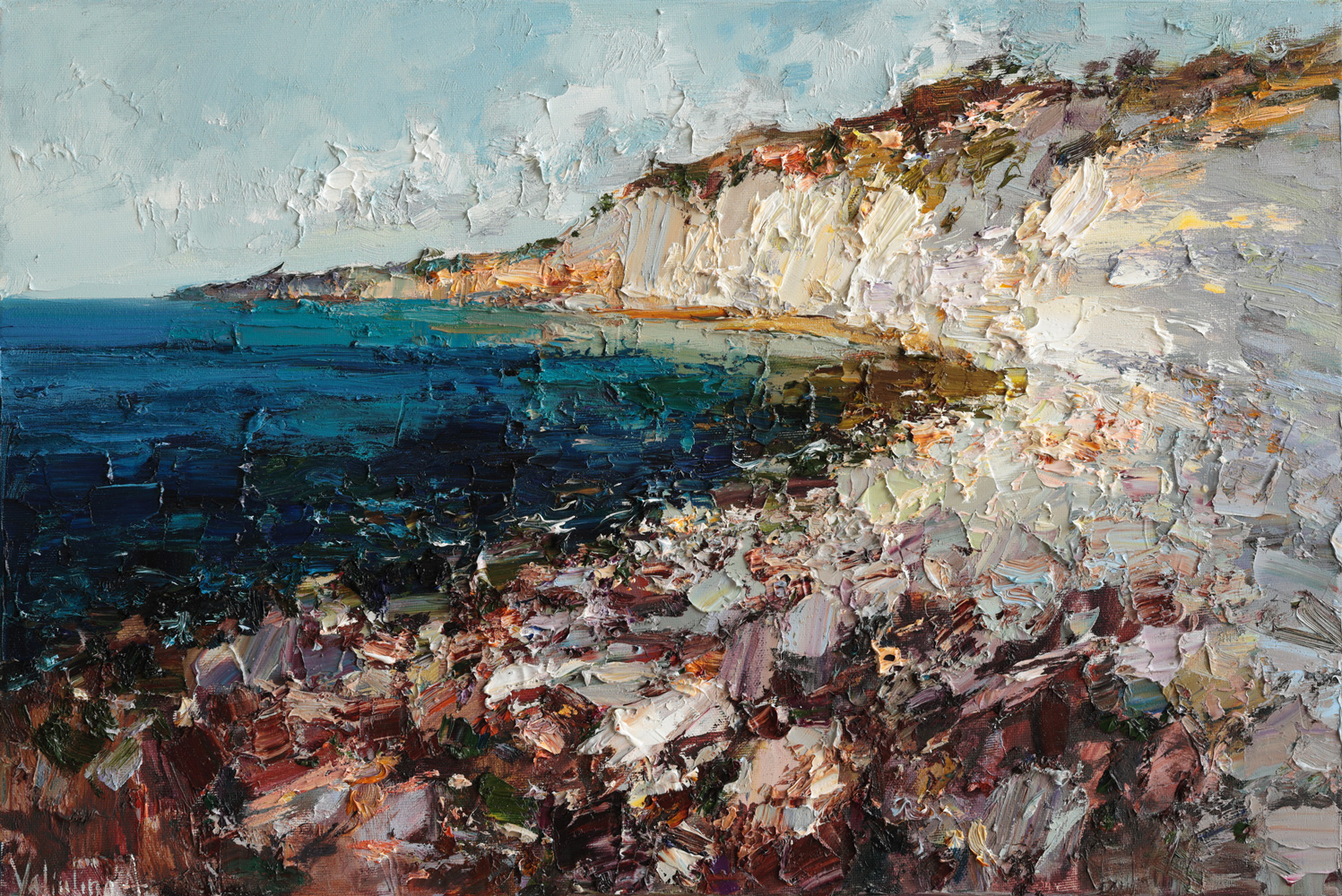 Textured seascape painting with coastal cliffs