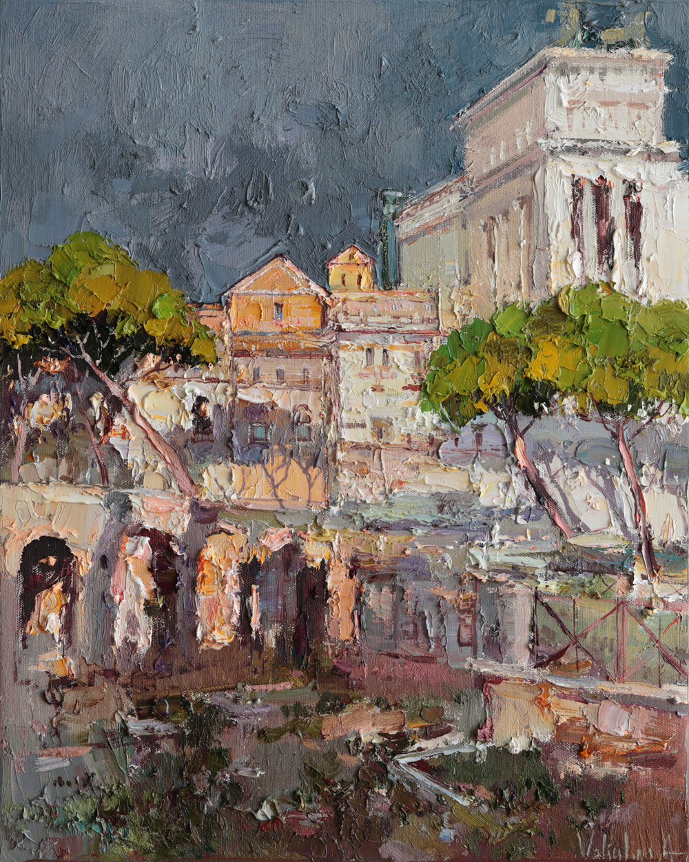 Original palette knife oil painting featuring Rome's historic district and umbrella pines.