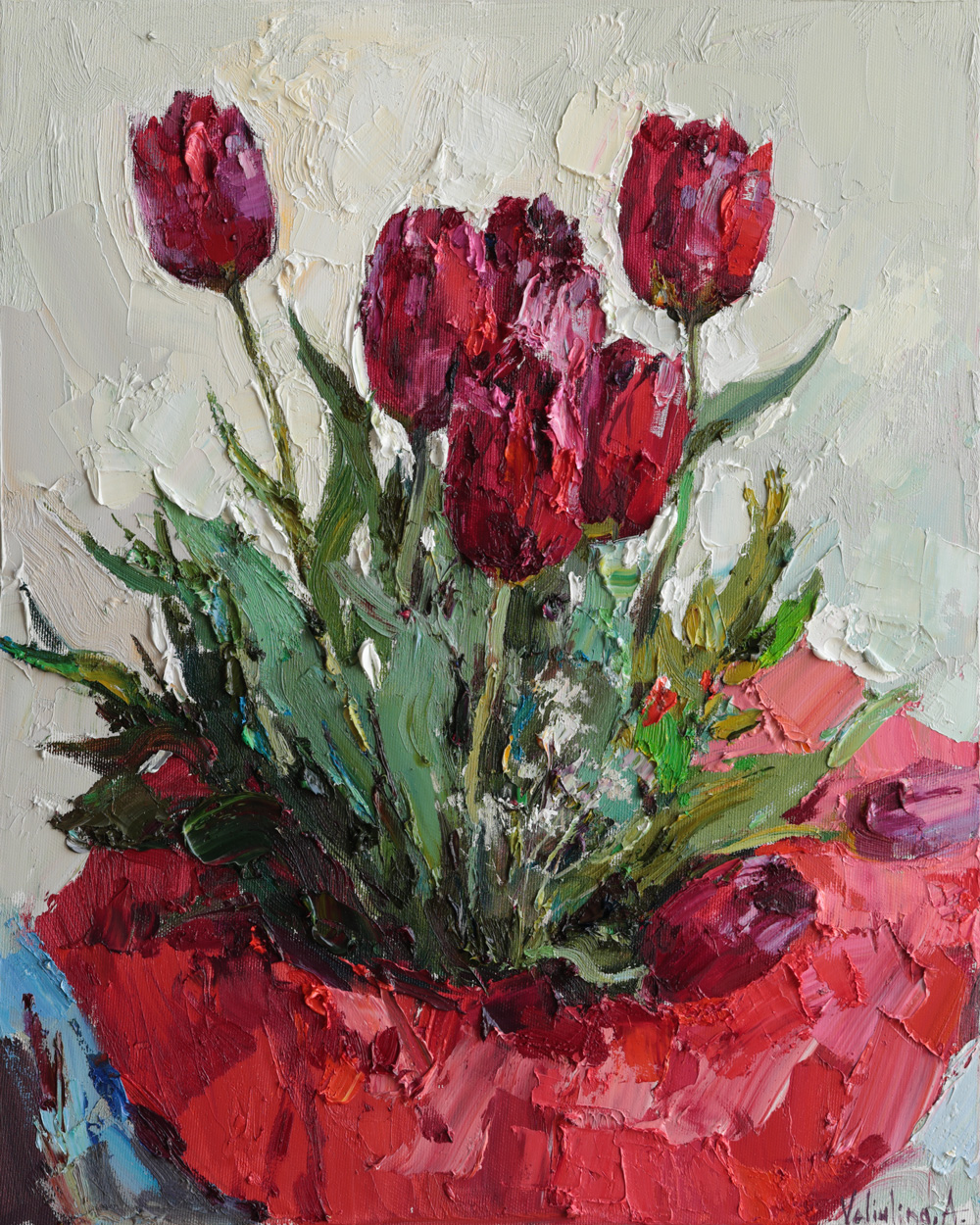 Red tulip flowers oil painting with textured palette knife
