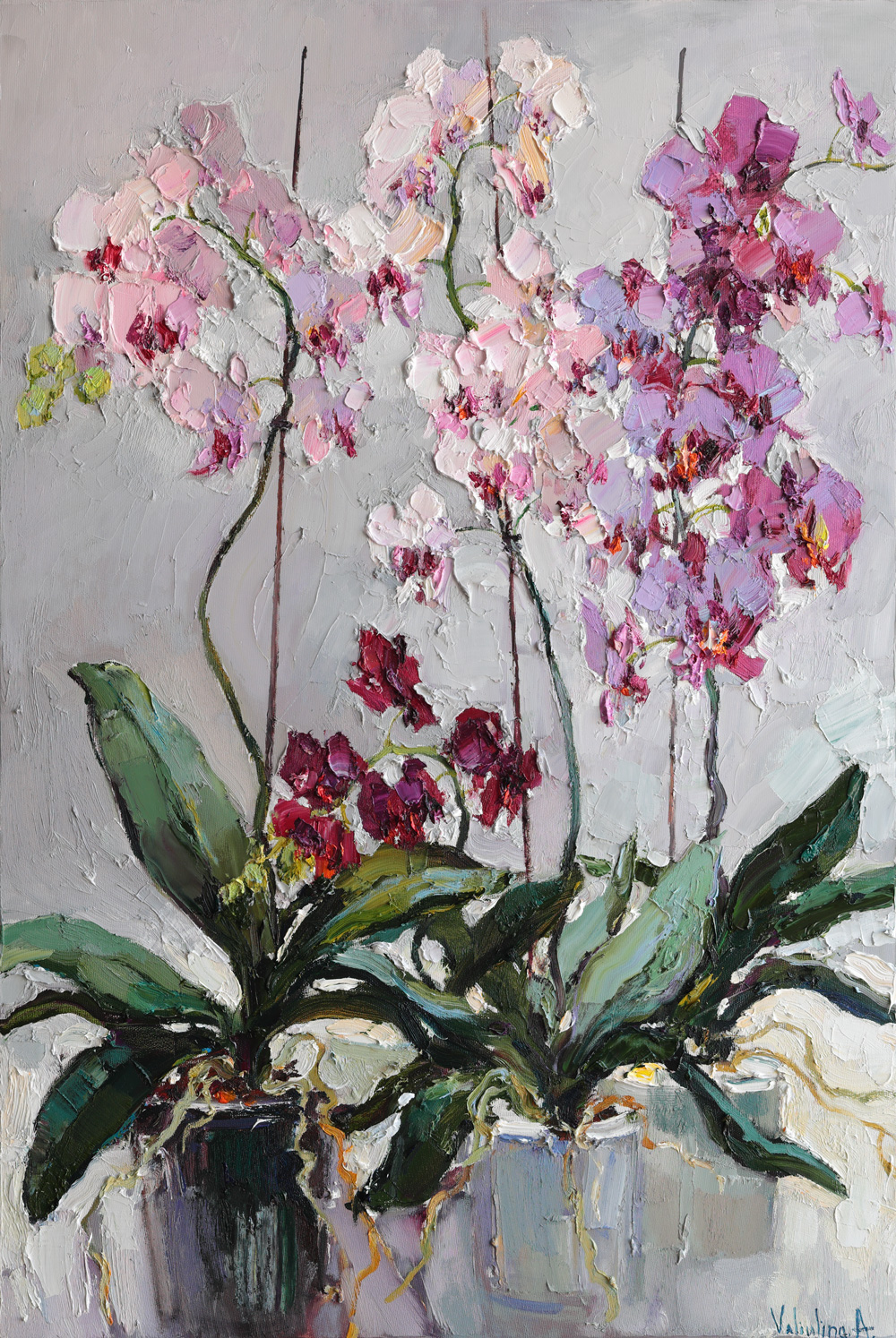 Orchid flowers oil painting with textured palette knife