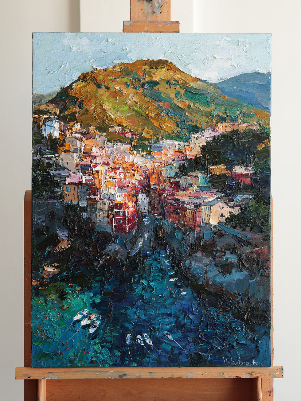 Thumbnail: Colorful coastal village painting with boats and sea