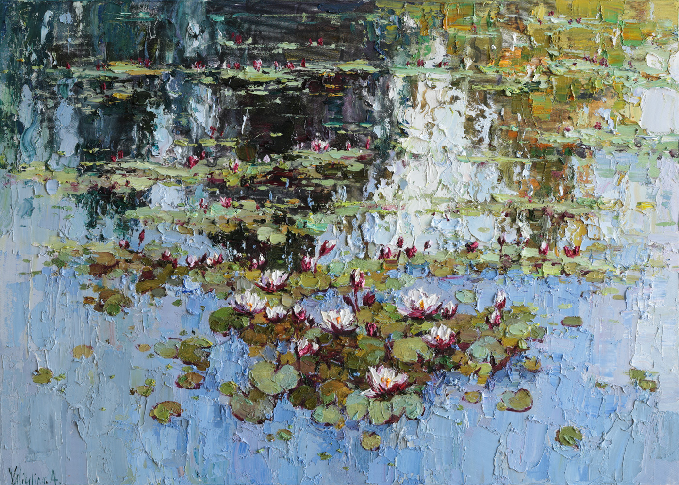 White water lilies oil painting with reflections