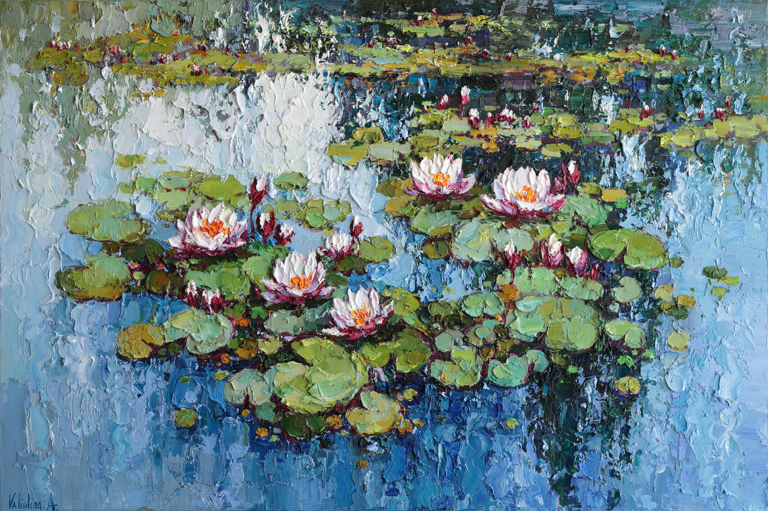 White Water Lilies original oil painting with textured impasto brushwork