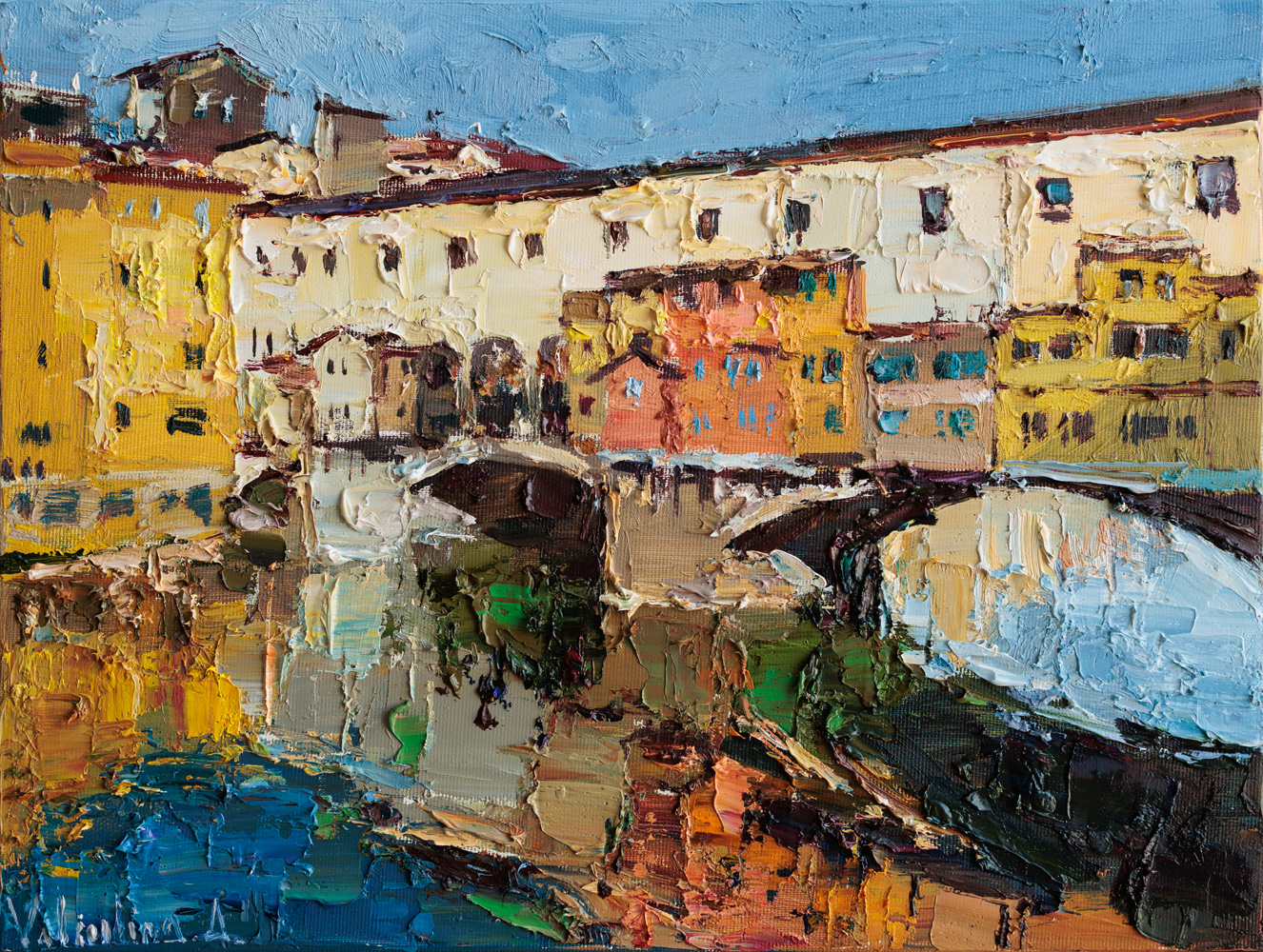 Italian bridge artwork – impressionist oil painting of Ponte Vecchio, Florence