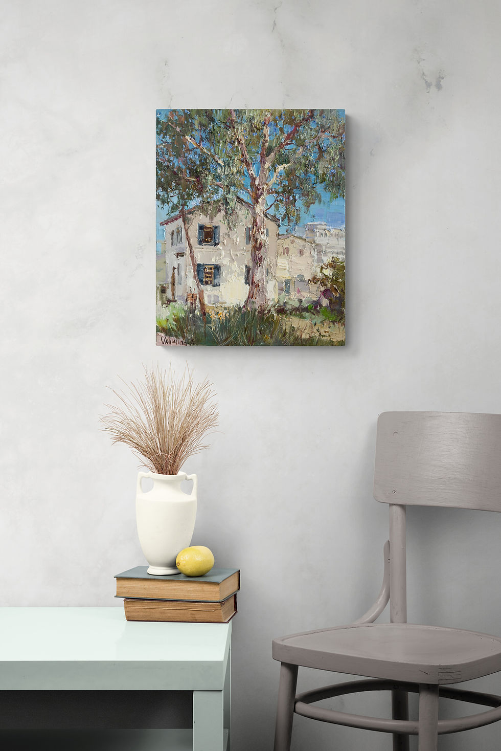 Thumbnail: Old houses oil artwork as statement wall art in modern home