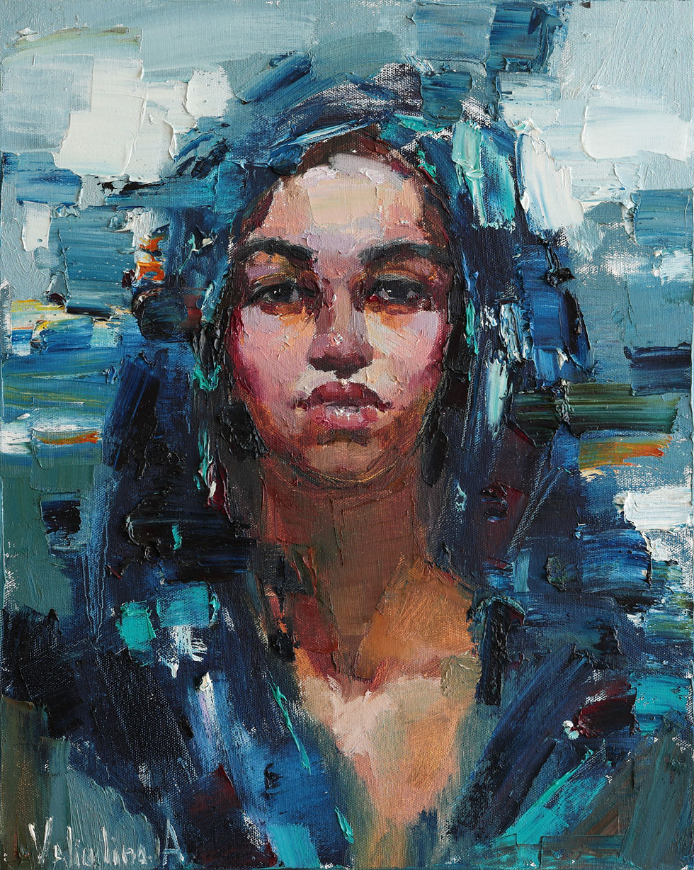 Textured oil portrait of a woman in a blue headscarf