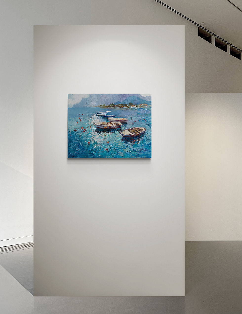 Thumbnail: Moored Rowing Boats oil artwork as statement wall art in foyer