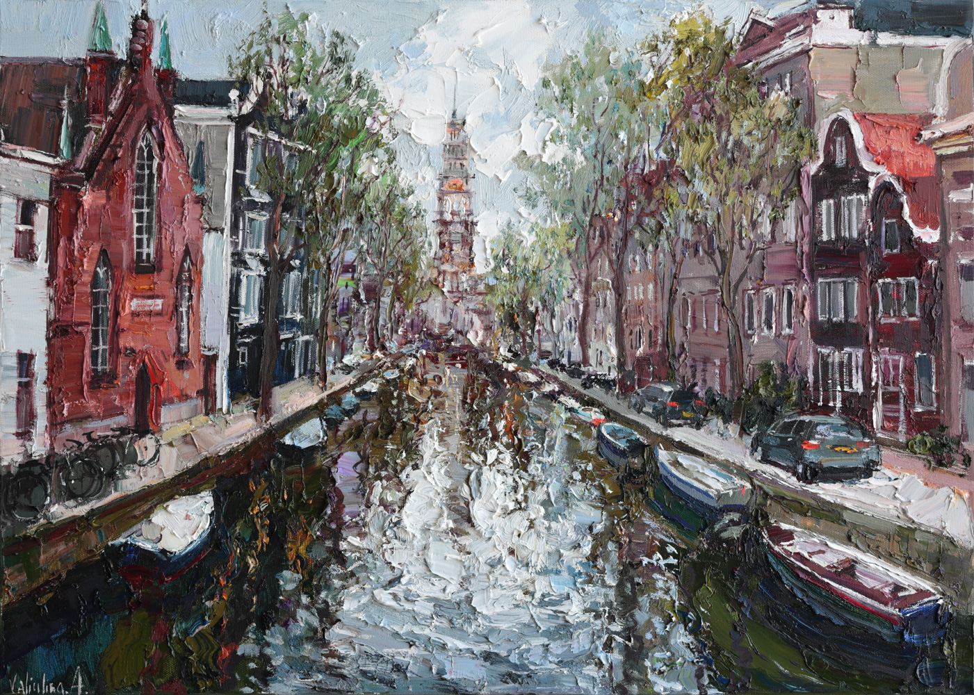 Impressionist oil painting of Amsterdam canal lined with boats and colorful buildings.