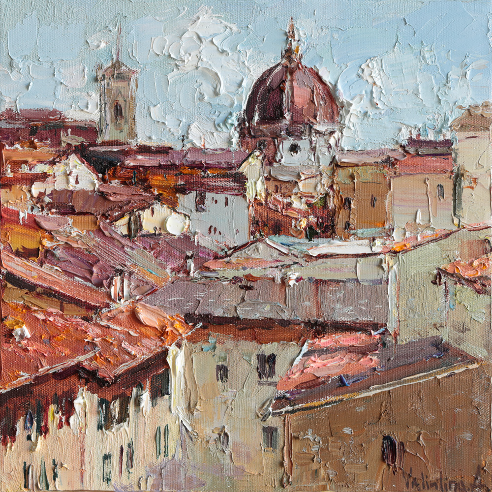 Textured oil cityscape painting of Florence rooftops
