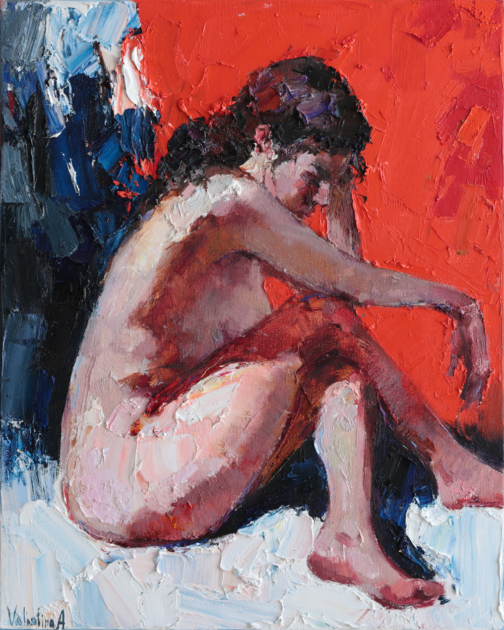 Original oil painting seated female figure in stillness red abstract background