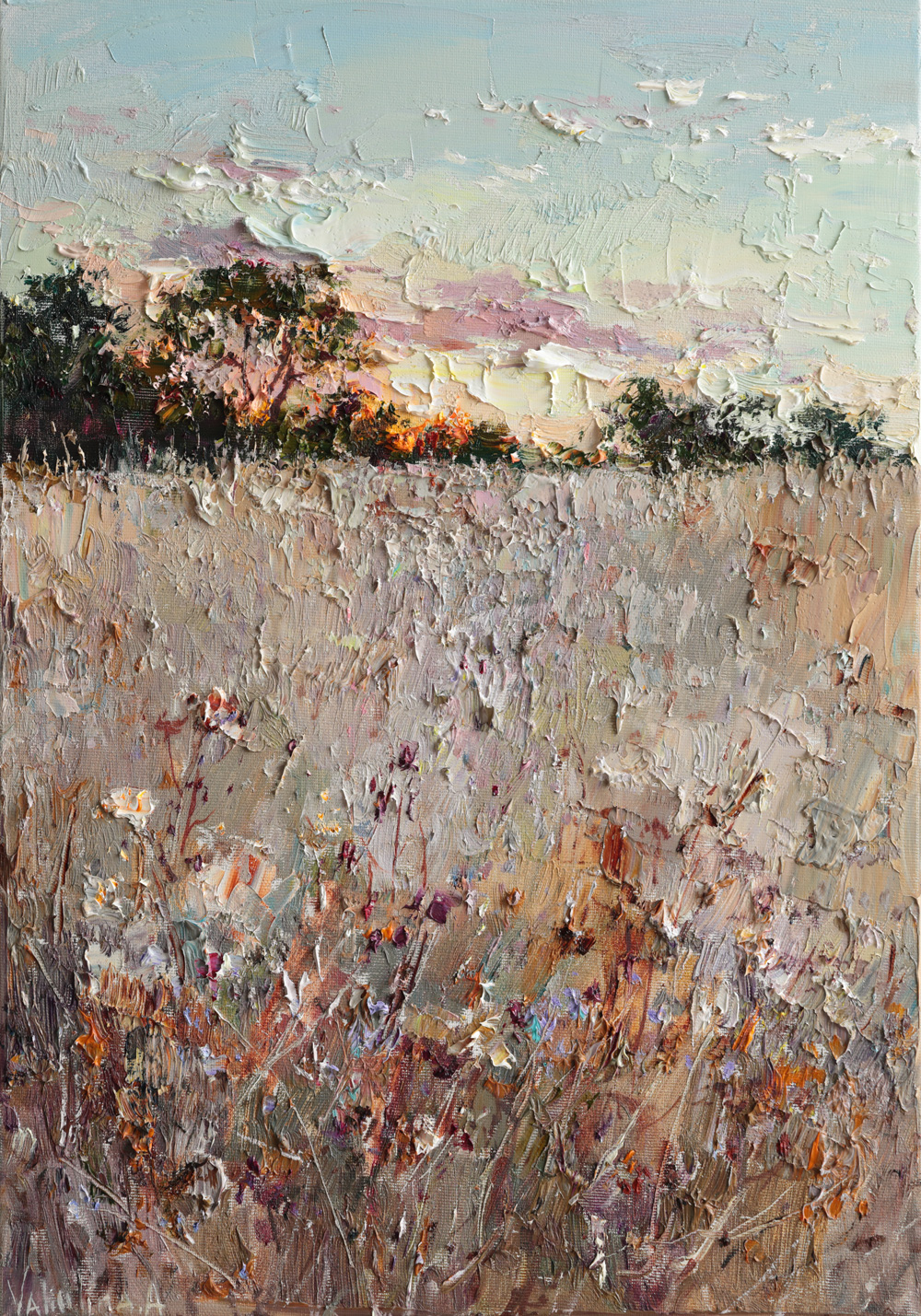 Impasto landscape painting with wildflowers and evening light