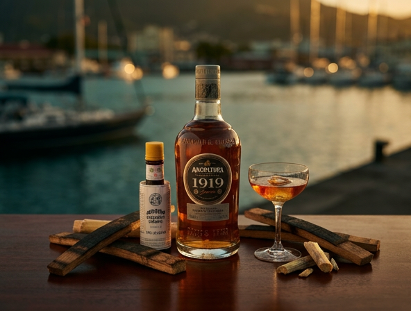 Bouteille de rhum Angostura, Trinidad Distillers Limited, seule distillerie active de Trinidad depuis 1945. Maison fondée en 1824 par le Dr Johann Siegert. Gamme comprenant les expressions 1787 (15 ans), 1824 (12 ans) et 1919 (8 ans minimum). Nommée gamme de rhums la plus primée au monde par les Rum Masters.