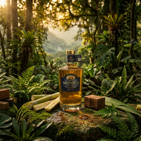 Bouteille de cachaça Magnífica de Faria, distillerie artisanale fondée en 1985 à la Fazenda do Anil, dans les montagnes de Rio de Janeiro au Brésil. Triple alambic en cuivre "Alegria", unique au Brésil, vieillissement en fûts de bois d'ipê et Solera. Élue deuxième meilleure cachaça du Brésil.